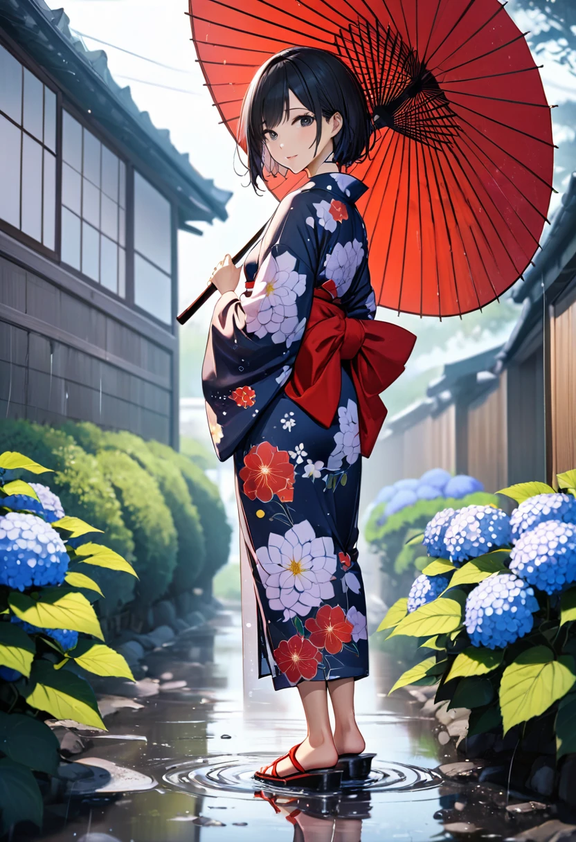 (One japanese woman:1.5), (Adult japanese women:1.5), (slender body:1.3), Black Hair, Black eye, Super short hair, Wearing a floral pattern japanese yukata, The hem of the yukata is long, Holding a Japanese umbrella, wearing red japanese sandals, Backshot, Look back at the camera, Hydrangea below half of the foreground, Sky after rain, A few puddle on the ground