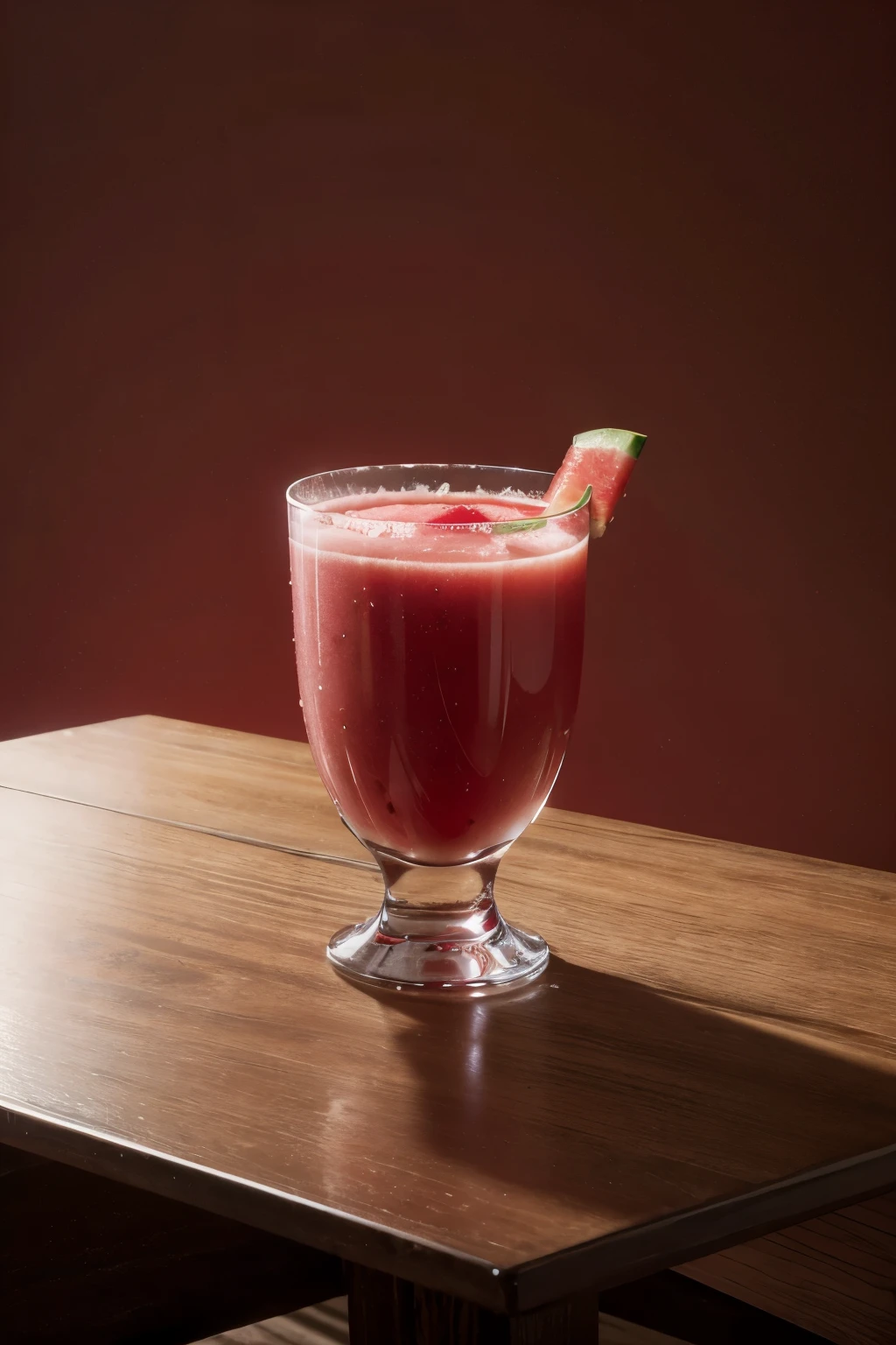 a glass of watermelon juice under a table with a red background