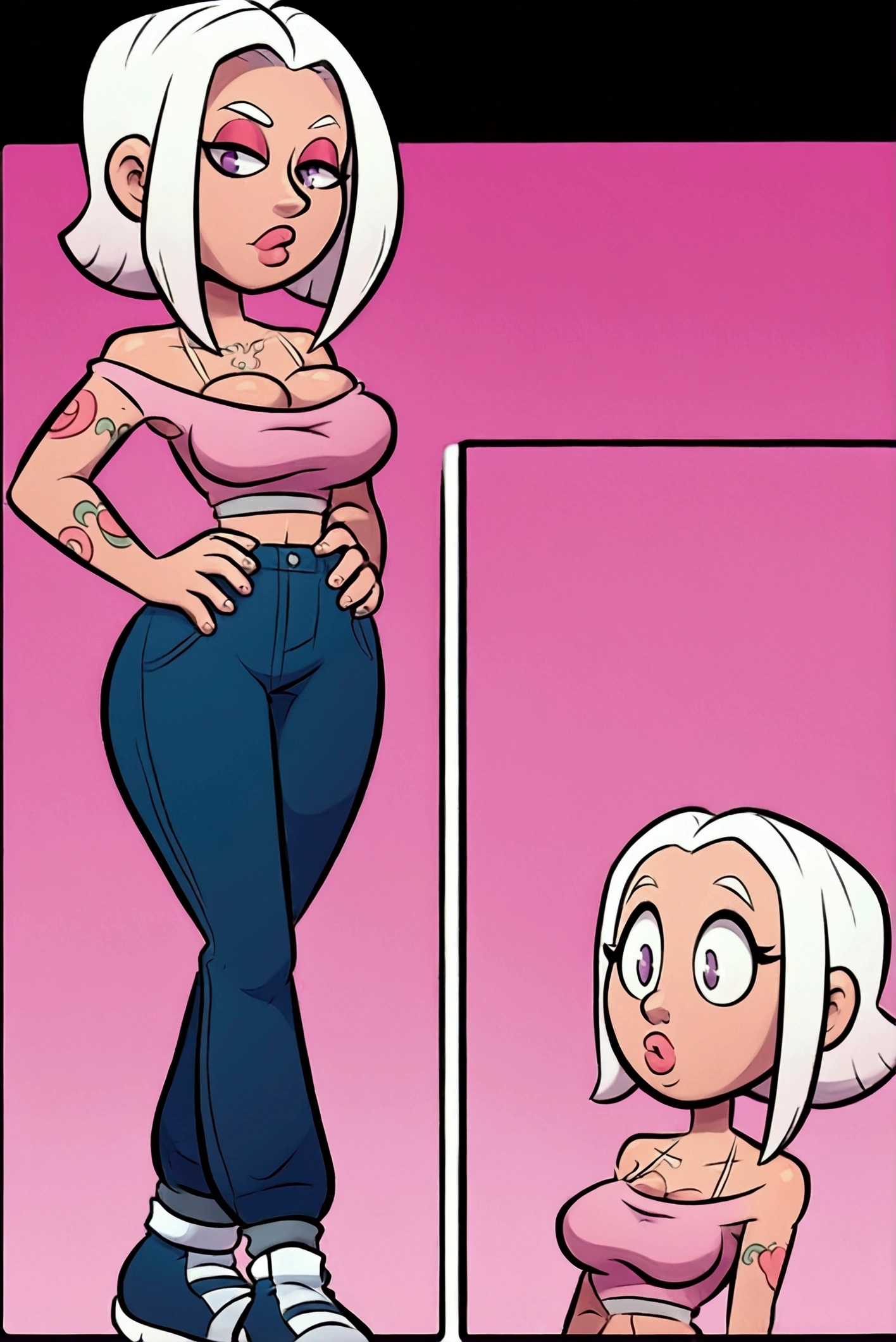 :: style comic:: a cartoon girl with a tattoo on her arm, character is in his natural pose, female protagonist ((big boobies)):8, great character design, arms on waist pose, video game character designs, ((light sweatshirt clothing)), official busty character art ((big boobies)),white hair with pink ((cartoon strokes))