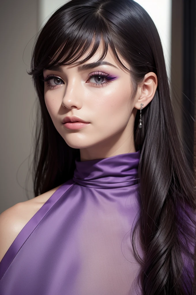Cuts with purple details, face with a slightly blunt jaw, the face is a little round with black eyeliner, dark brown eye, eyebrow with a slight curl and mascara, she must have long hair, smooth and black