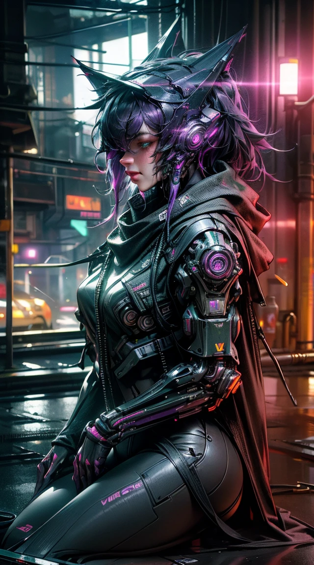 Femmes loups robots, guapo, green and purple color,Liquid,sidelight ,neon,(( cyberpunk )),((8k, uhd, ultra realistic))