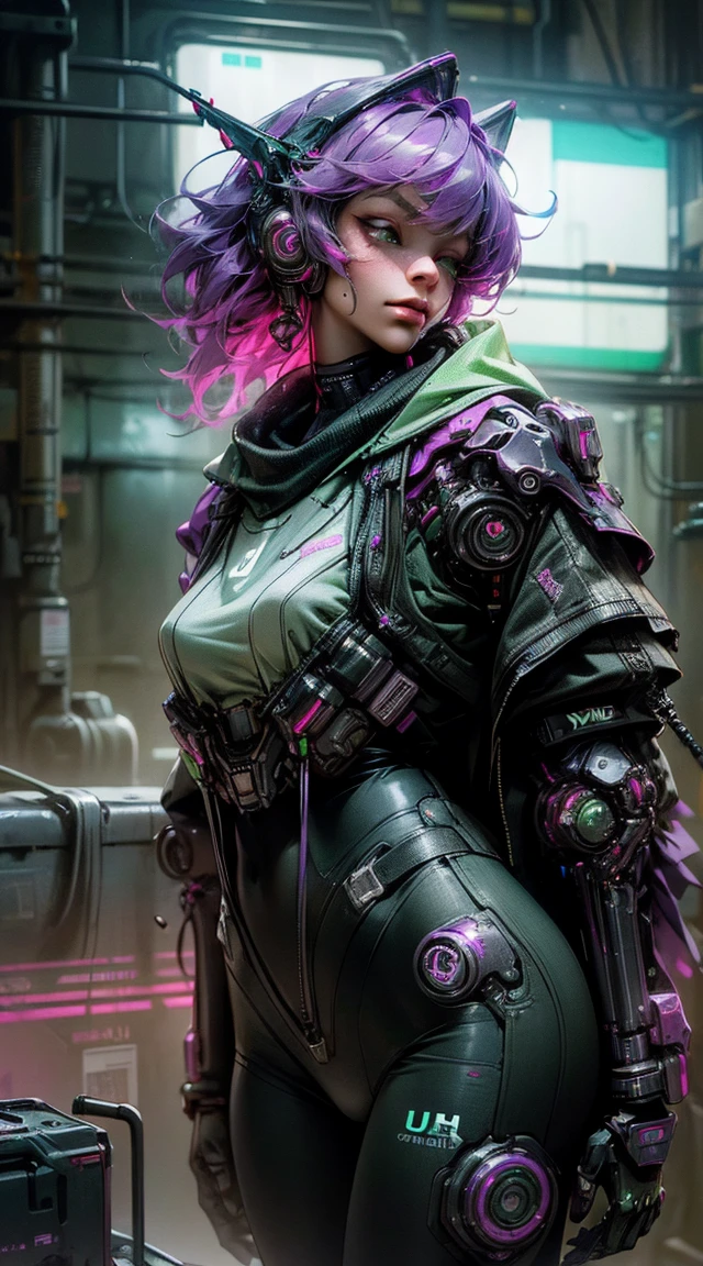 Femmes loups robots, guapo, green and purple color,Liquid,sidelight ,neon,(( cyberpunk )),((8k, uhd, ultra realistic))