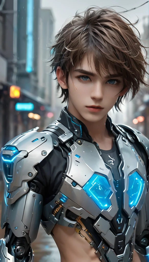 {{master piece}}, best quality, photograph of sexy twink, ((small slightly muscular soft human chest, armor does not cover his soft bare skin on his belly)), ((exposed flat pectoralis muscles)), handsome detailed azure eyes, handsome boyish face, detailed cyberpunk city, handsome detailed hair, wavy hair, handsome detailed street, mecha clothes, robot boy, cool movement , skinny twink body, {filigree}, futuristic city background, rainy days, {lightning effect}, detailed cyborg crop top armor, mind control device installed on head, whole body image.