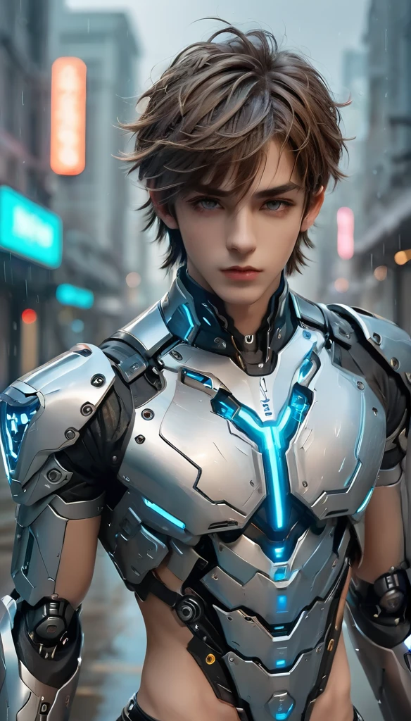 {{master piece}}, best quality, photograph of sexy twink, ((small slightly muscular soft human chest, armor does not cover his soft bare skin on his belly)), ((exposed flat pectoralis muscles)), handsome detailed azure eyes, handsome boyish face, detailed cyberpunk city, handsome detailed hair, wavy hair, handsome detailed street, mecha clothes, robot boy, cool movement , skinny twink body, {filigree}, futuristic city background, rainy days, {lightning effect}, detailed cyborg crop top armor, mind control device installed on head, whole body image.