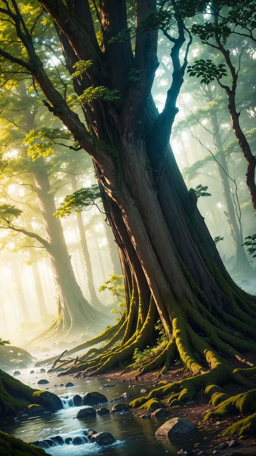 Amazing works of art，Ancient forest at dusk，The towering trees bathe in soft,The light shines through the leaves, peaceful,shining particle, butterfly, sky, river.