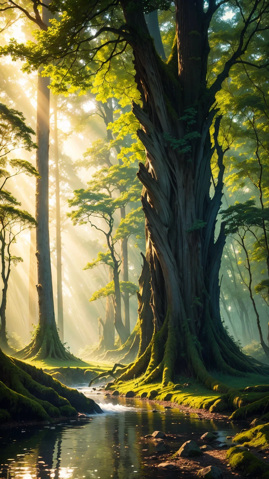 Amazing works of art,Ancient forest at dusk,The towering trees bathe in soft,The light shines through the leaves, peaceful,shining particle, butterfly, sky, river.