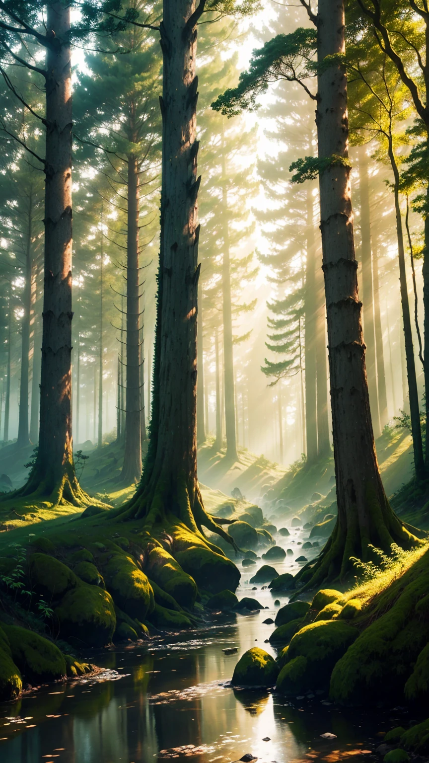 Amazing works of art,Ancient forest at dusk,The towering trees bathe in soft,The light shines through the leaves, peaceful,shining particle, butterfly, sky, river.