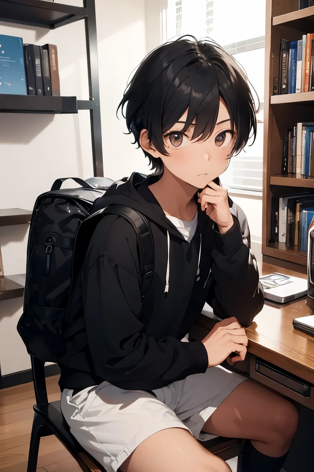 18-year-old boy in a black sweatshirt and white shorts sitting in front of the computer studying very concentratedly, his light brown hair thrown up in a short quiff style. He has brown eyes and wears a black headset around his neck.there are several books behind him and a bed behind him also his room is well organized and casual typical of a student boy he is at a black wooden desk and has a lamp next to him. a very hot cup of coffee in his hand where he is sitting. the cup that holds the coffee is black and his eyes are very detailed and bright his room has a darker color he is watching a class on the computer His sweatshirt is written "study hard" in the center with white computer letters he has a black leather backpack next to him minimalist style he has rougher and squarer facial features 