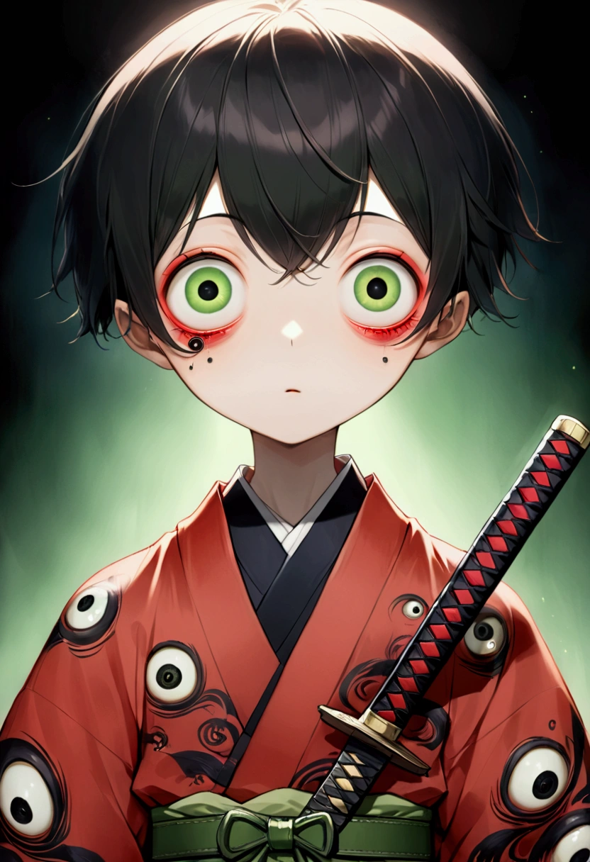 Japanese Anime，Second Dimension，Horror style，horror character，(((Three-eyed boy，Vertical Eye：1.9))),(((Gorgeous Japanese red kimono，Eye pattern，Dark Pattern))).(((Thin waist，Green belt：1.6))).(((Samurai sword)))，Black background blur
