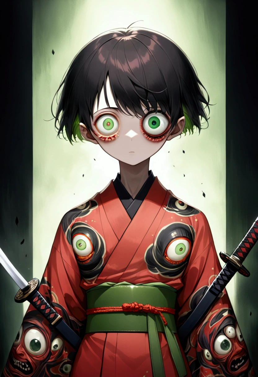 Japanese Anime，Second Dimension，Horror style，horror character，(((Three-eyed boy，Vertical Eye：1.9))),(((Gorgeous Japanese red kimono，Eye pattern，Dark Pattern))).(((Thin waist，Green belt：1.6))).(((Samurai sword)))，Black background blur
