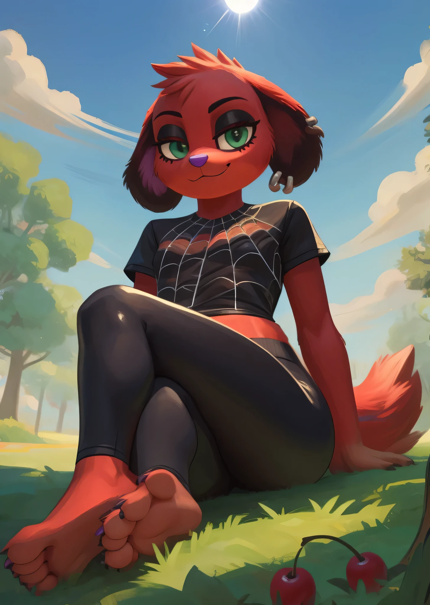 [Cherry], [Animal Crossing], [Uploaded to e621.net; (Pixelsketcher), (wamudraws)], ((masterpiece)), ((HD)), ((high res)), ((solo portrait)), ((full body)), ((front view)), ((low angle view)), ((feet visible)), ((detailed fur)), ((detailed shading)), ((beautiful render art)), ((intricate details)), {anthro; (slim toned figure), (red fur), (purple nose), (cute green eyes), (half-closed eyes), (long eyelashes), (black eyeshadow), (black spot over left eye), (long floppy black ears), (small fluffy tail), (curvy hips), (small breasts), (beautiful legs), (cute feet), (humanoid feet), (smug smirk)}, {(spiderweb tee shirt), (subtle nipple bumps), (black spandex yoga pants), (silver earrings)}, {(sitting on grass), (crossed legs), (looking at viewer)}, [ambient lighting, park, clouds, sun rays]