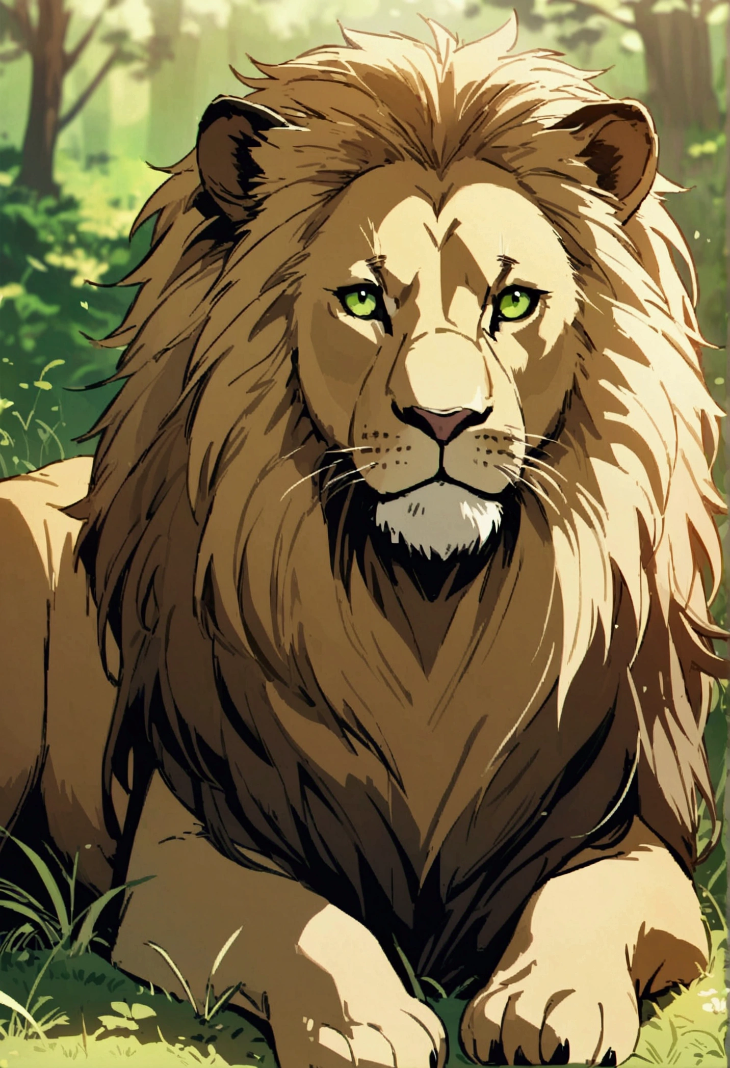 Detailed anime drawing of a sitting lion, And the green eye runs through the meadow by itself, smile, animals sitting behind,
