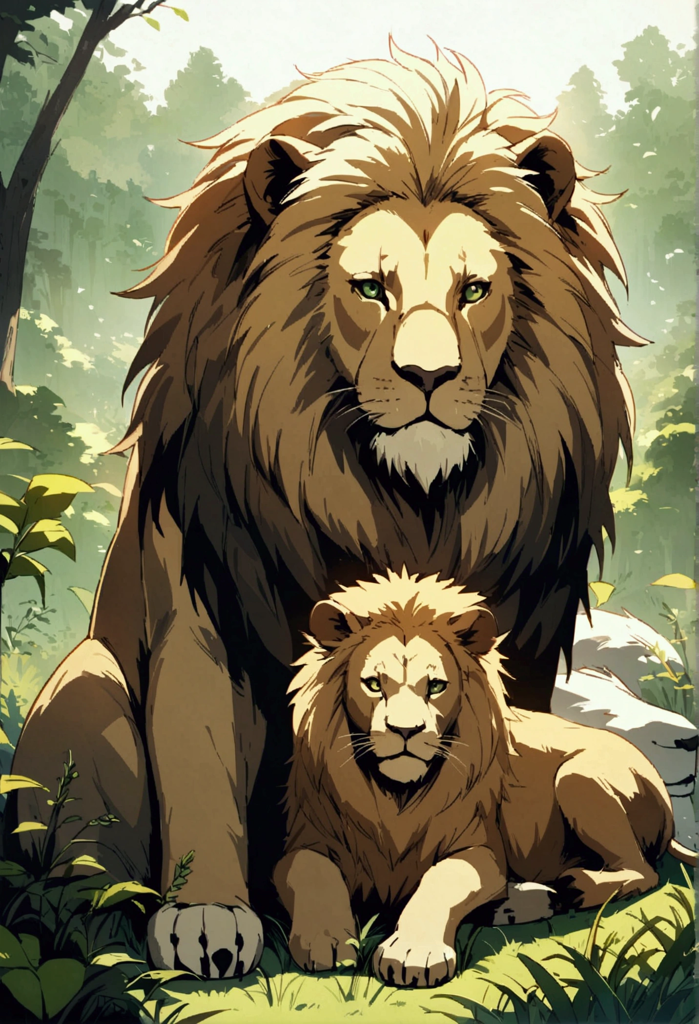 Detailed anime drawing of a sitting lion, And the green eye runs through the meadow by itself, smile, animals sitting behind,