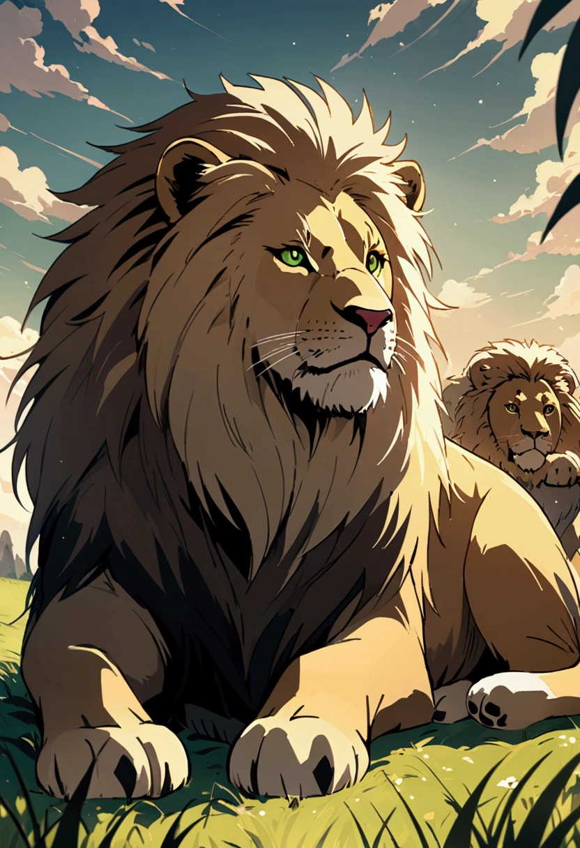 Detailed anime drawing of a sitting lion, And the green eye runs through the meadow by itself, smile, animals sitting behind,
