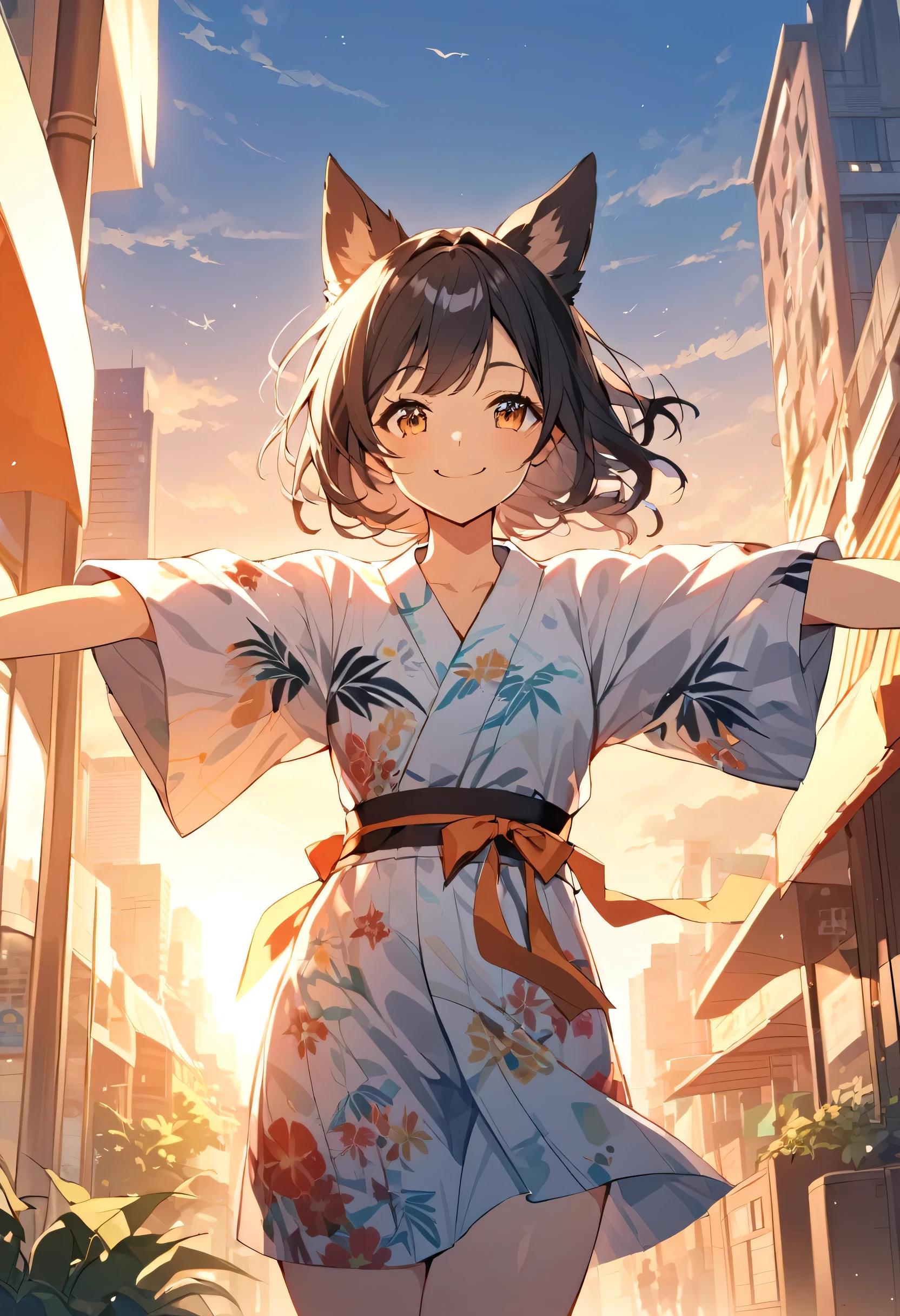 (morning), One Girl, alone, View your audience, summer,evening, Cowboy Shot, (Downtown), Cowboy Shot, smile, Black Hair,Floral Yukata,Dog Ears,Open your arms,smile,Black Hair,