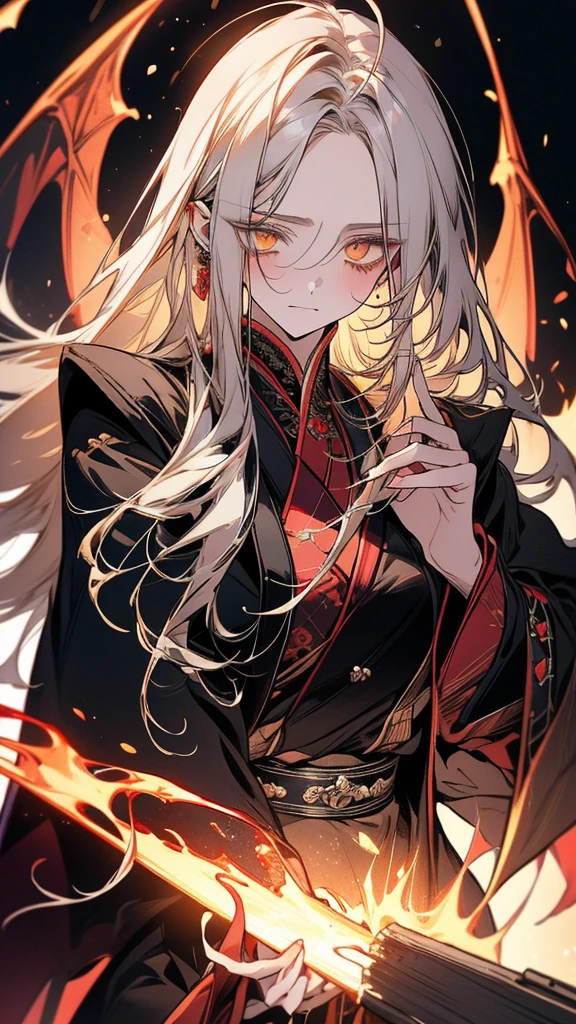 (Top resolution、Distinct_image)top-quality、A dragon girl 、​masterpiece、highly detailed, half body, Semi-realistic、yellow eyes 、18year old, silver hair,young 、Exquisite facial features、Facial features ,variation potrait, long  hairstyles, teenage, cool , cold sharp eyes, An expression of despair., lifeless eyes, blood on face, , {Very detailed 8k CG unit wallpaper}, Handsome, solo, female, vampires, dark cloak , loyalty ,Japanese kimono, have dragon horns, detailed eyes, beautiful eyes