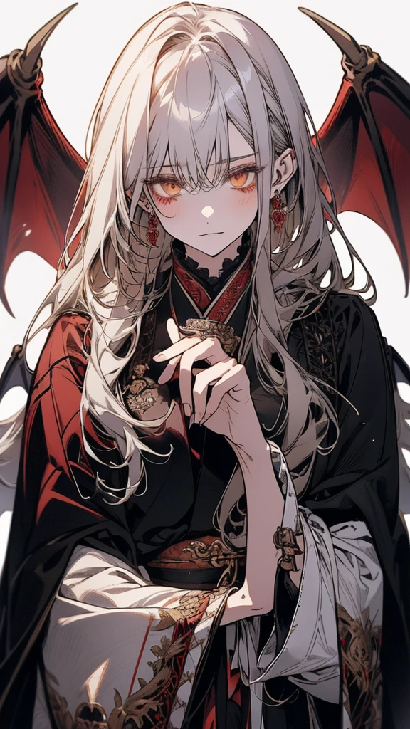 (Top resolution、Distinct_image)top-quality、A dragon girl 、​masterpiece、highly detailed, half body, Semi-realistic、yellow eyes 、18year old, silver hair,young 、Exquisite facial features、Facial features ,variation potrait, long  hairstyles, teenage, cool , cold sharp eyes, An expression of despair., lifeless eyes, blood on face, , {Very detailed 8k CG unit wallpaper}, Handsome, solo, female, vampires, dark cloak , loyalty ,Japanese kimono, have dragon horns, detailed eyes, beautiful eyes