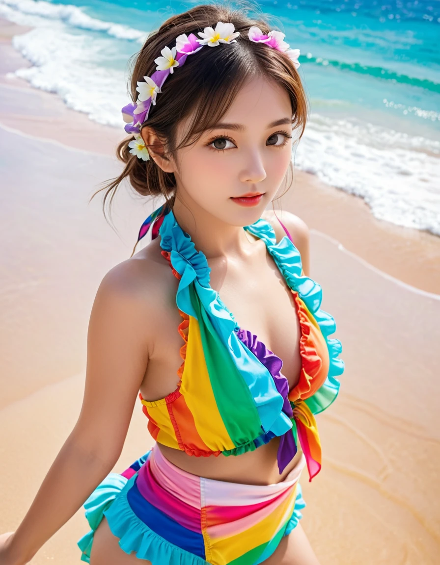 from {above|below|side|behind}, (close up face), ultra detailed beautiful photograph, On the beach, girl dressed in seven-colored frilly swimsuits with frilly sarong are enjoying the summer sunshine, vibrant colors, rainbow, dreamscape