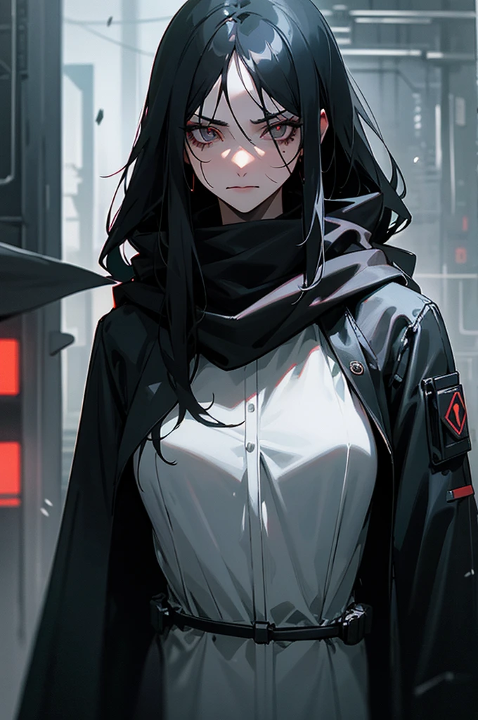 a woman, long black hair, beautiful silver eyes, a black jacket, scar on eye, menacing, gray scarf, raining, cyberpunk city, gloomy atmosphere