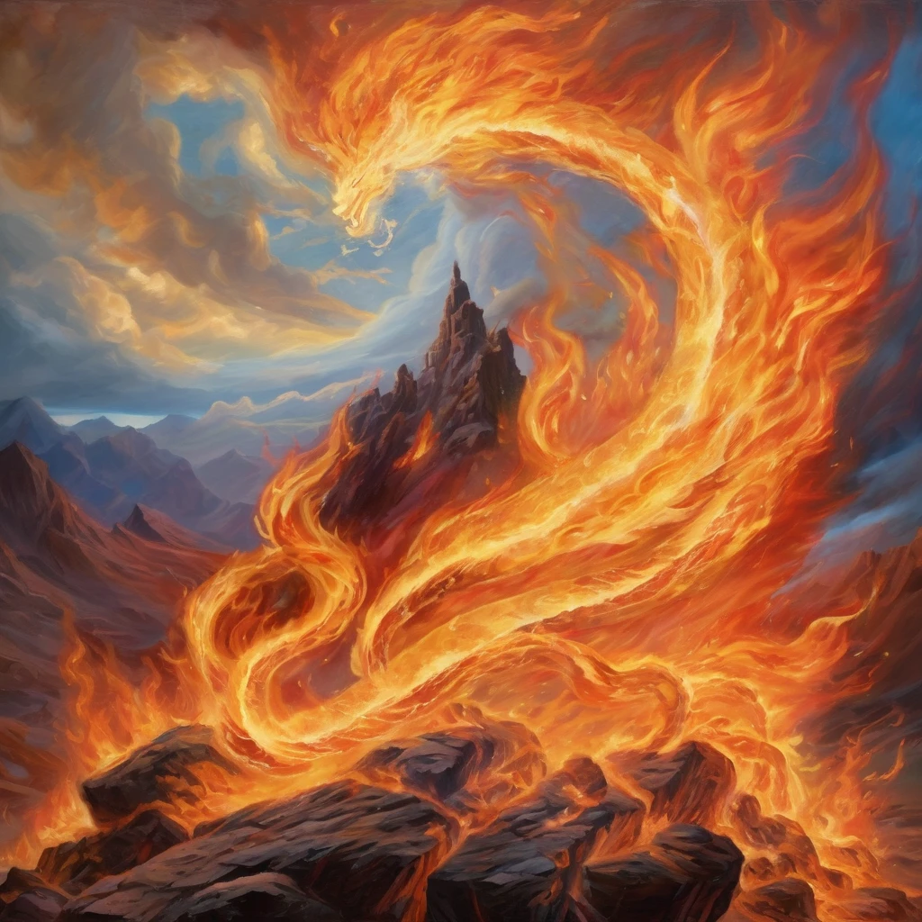 (Masterpiece, high quality, best quality, official art, beauty and aesthetics:1.2),(fire element:1.1),composed of fire elements,(1man:1.2),burning,transparency,fire,(molten rock),flame skin,flame print,fiery hair,smoke,cloud,(radiant:1.1),(flames soaring:1.2),(reigniting the divine fire:1.2),ukl,