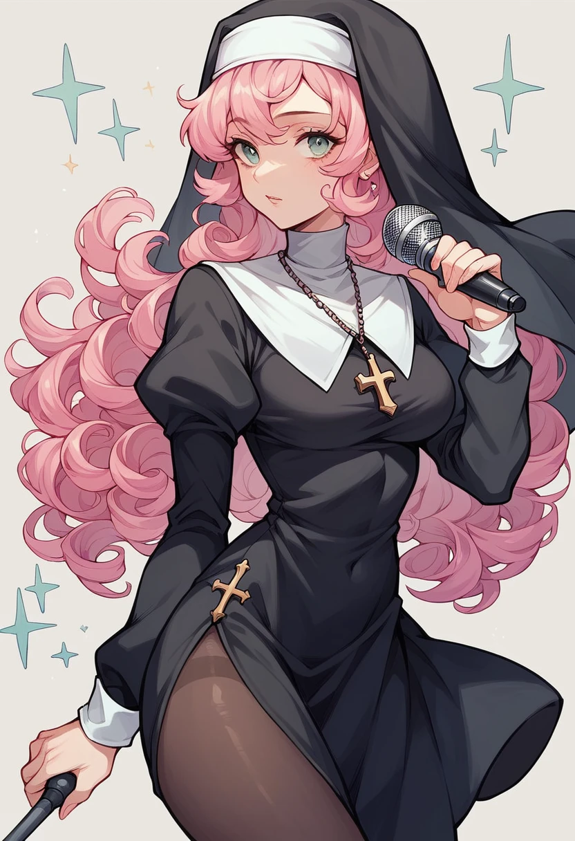 girl long curly pink hair,black A-line skirt,nun hat,nun costume shirt,black pantyhose,microphone in the right hand