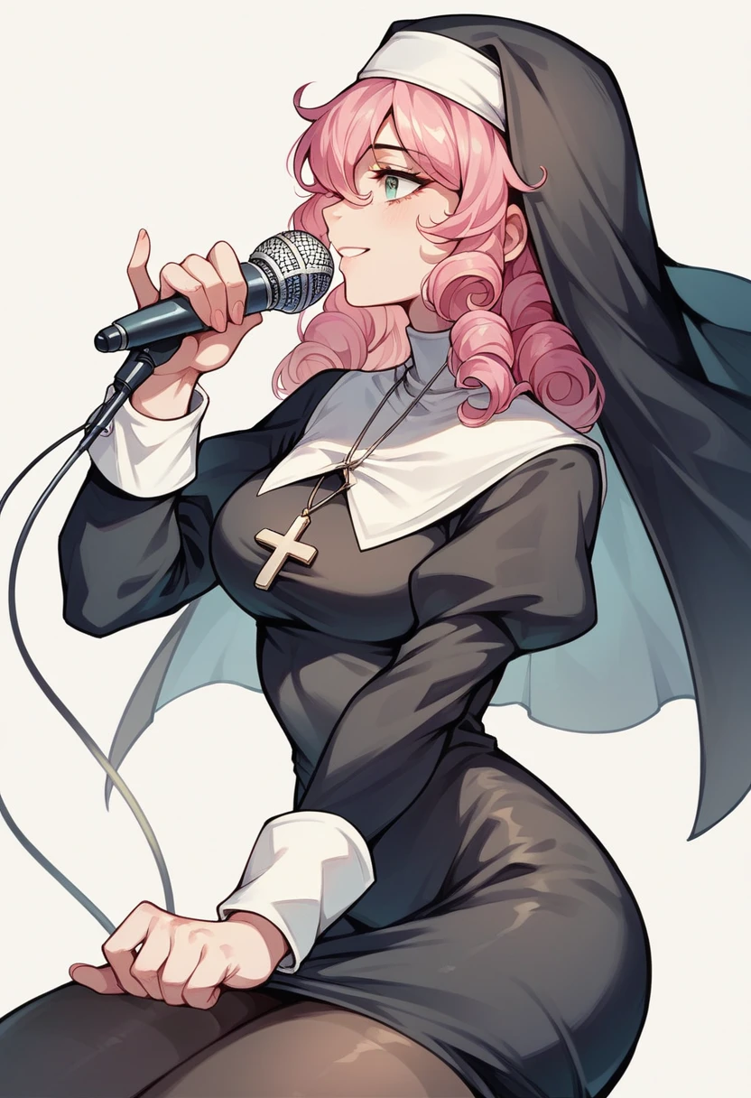 girl long curly pink hair,black A-line skirt,nun hat,nun costume shirt,black pantyhose,microphone in the right hand