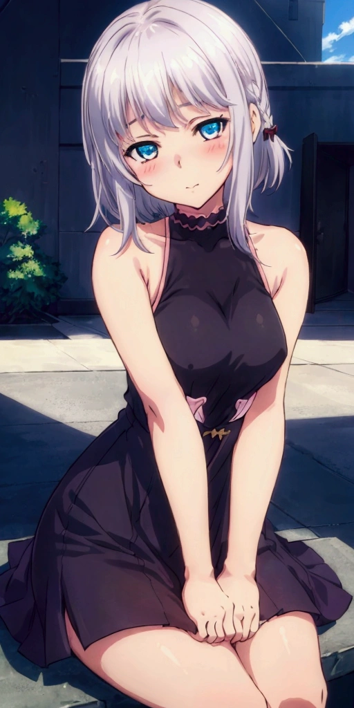 1 girl, kanon kanase, , blush, medium breasts, sleeveless,((stylish outfit, dress)), sitting, 20-year-old, healthy skin. Upper_body.