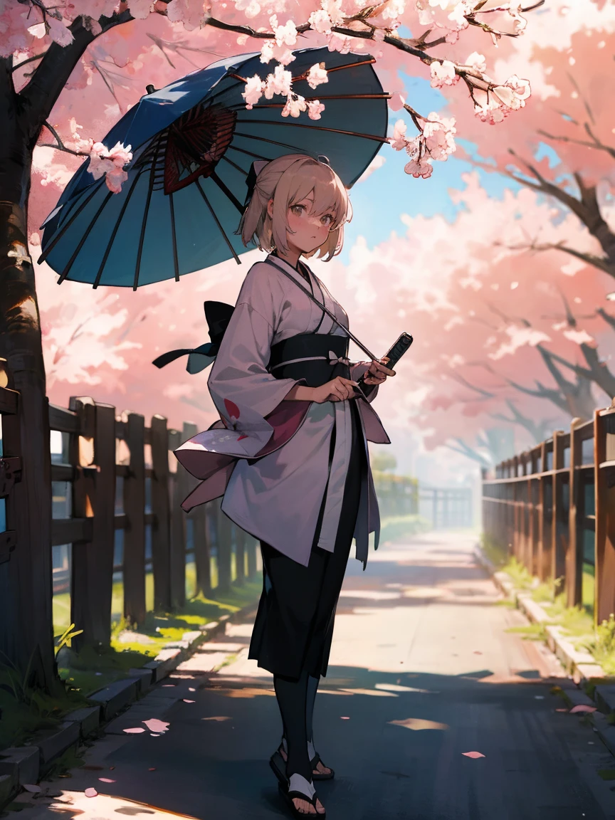 {Extremely detailed 8K wallpaper}, {Masterpiece}, {Best Quality},Alone,full body shot,Okita Souji,short hair, kimono,Haori Cerezo, cherry tree