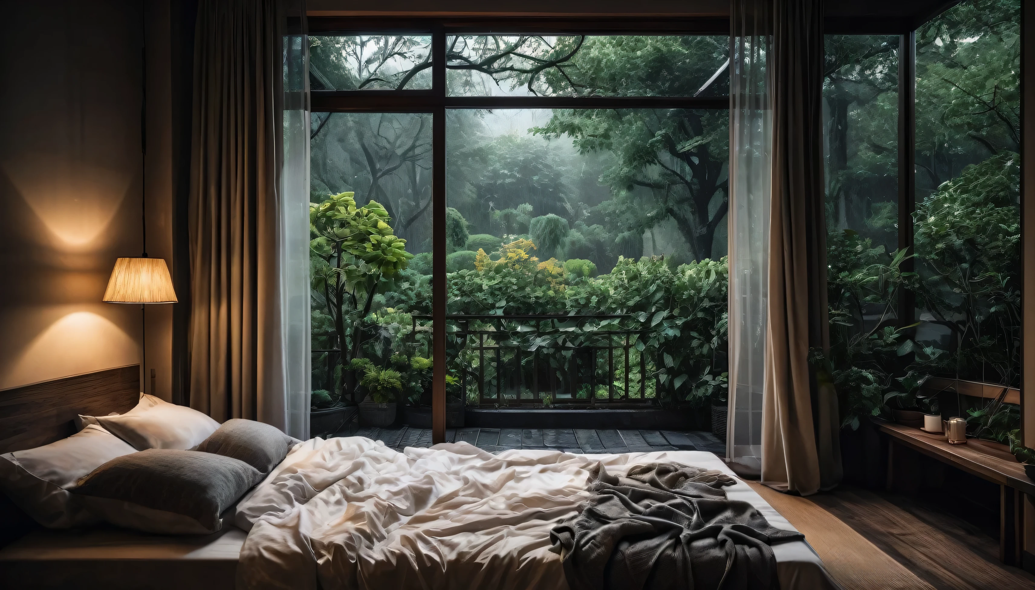 The picture shows a cozy gloomy bedroom, with a large window offering a view of a beautiful, dimly lit garden AND a garden soaked in FLOWERS, the cobblestones of the Japanese house concept. CINEMATIC, JAPANESE HOUSE, the shape of a Japanese house, and lots of flower gardens in the garden. The bed was unmade with rumpled sheets, indicating only a light sleep. the room is dark, gloomy, looks dim, gloomy. Beside the bed there is a small table with a classic lamp that radiates warm light into the room. Outside the window you can see the lush greenery of the terrace or balcony area, the rain is falling, the lamp on the left provides warm lighting, creating a calm and peaceful atmosphere. with fog obscuring part of the view in the distance. The contrast between the warmth indoors and the rain outdoors creates an inviting and calming atmosphere