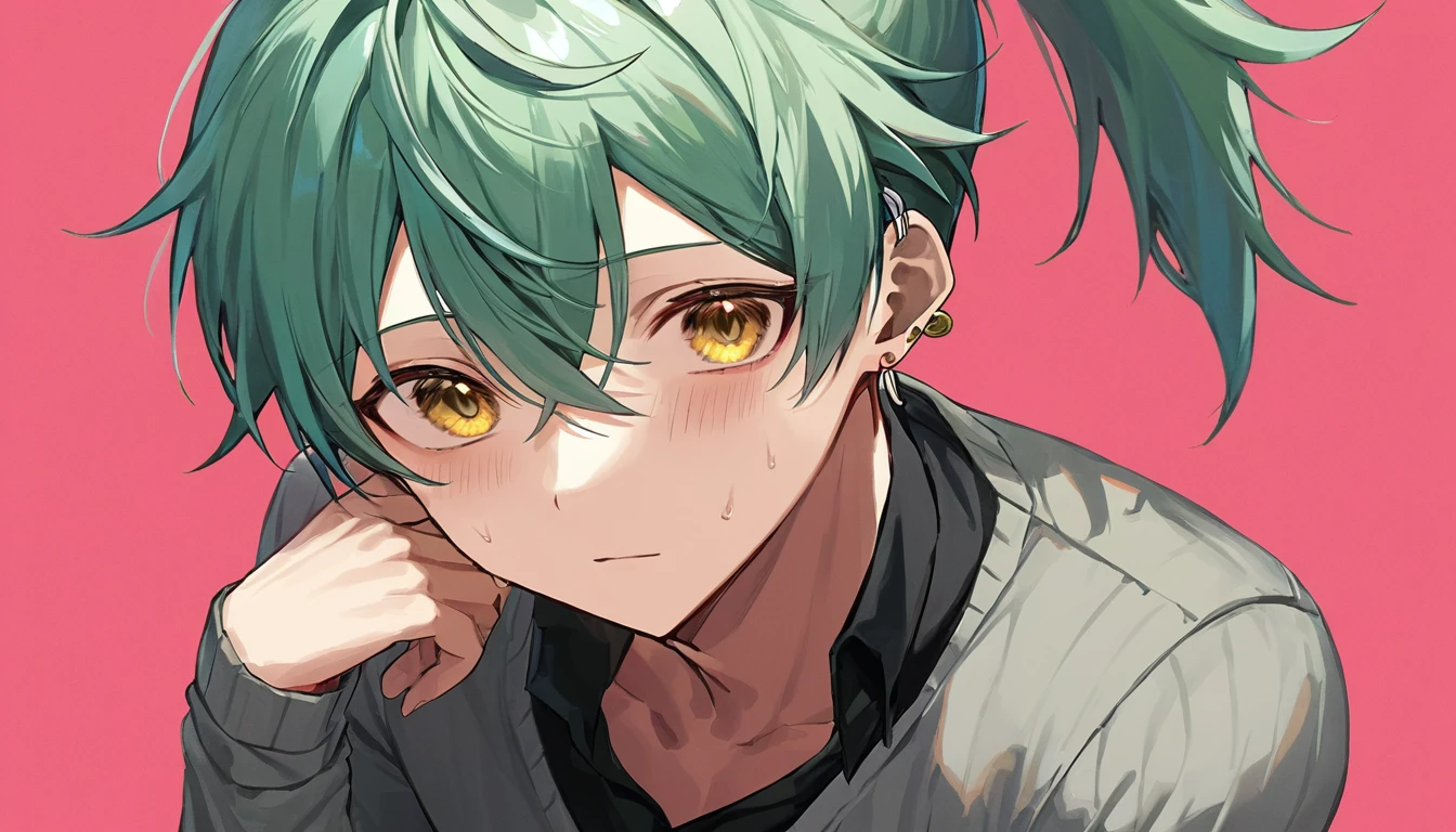 ((((best masterpiece, best quality, wallpaper,)))) solo, guy, male body, small muscles, flat chest, 1male, 30 years old, handsome man, dramatic angle, upper body, looking at viewers, beautiful detailed, mediumturquoise hair, ((((Lower short ponytail)))), asymmetrical bangs, ((short hair,)) blush stickers, sweat, (((perfect face, extremely detailed eyes,))) ((( jitome, gold eyes, ^o^, tareme, droopy eyes,))) perfect hands, sharp nose, clear face, black turtleneck, grey cardigan, ((silver piercing, pendant,)) leggings, pink background color ultrasharp, 8K, masterpiece,