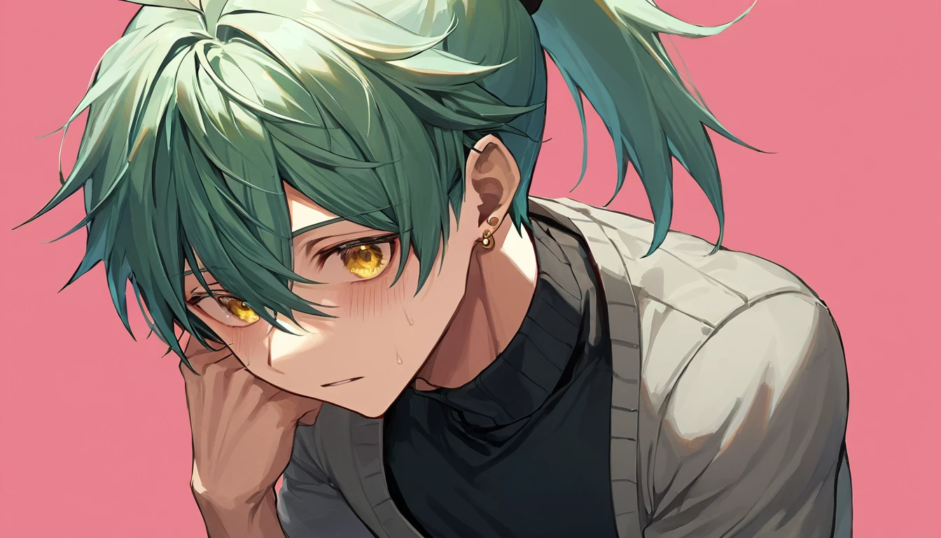 ((((best masterpiece, best quality, wallpaper,)))) solo, guy, male body, small muscles, flat chest, 1male, 30 years old, handsome man, dramatic angle, upper body, looking at viewers, beautiful detailed, mediumturquoise hair, ((((Lower short ponytail)))), asymmetrical bangs, ((short hair,)) blush stickers, sweat, (((perfect face, extremely detailed eyes,))) ((( jitome, gold eyes, ^o^, tareme, droopy eyes,))) perfect hands, sharp nose, clear face, black turtleneck, grey cardigan, ((silver piercing, pendant,)) leggings, pink background color ultrasharp, 8K, masterpiece,