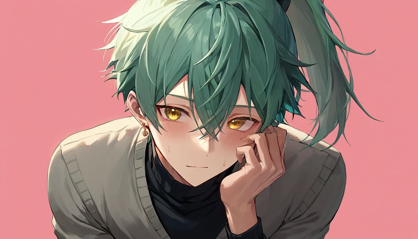 ((((best masterpiece, best quality, wallpaper,)))) solo, guy, male body, small muscles, flat chest, 1male, 30 years old, handsome man, dramatic angle, upper body, looking at viewers, beautiful detailed, mediumturquoise hair, ((((Lower short ponytail)))), asymmetrical bangs, ((short hair,)) blush stickers, sweat, (((perfect face, extremely detailed eyes,))) ((( jitome, gold eyes, ^o^, tareme, droopy eyes,))) perfect hands, sharp nose, clear face, black turtleneck, grey cardigan, ((silver piercing, pendant,)) leggings, pink background color ultrasharp, 8K, masterpiece,