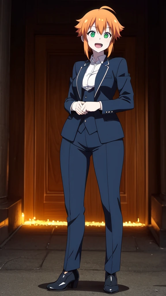 
sexy, white skin, anime woman, happy, glowing green eyes, extremely short glowing orange hair, wearing a suit, full body