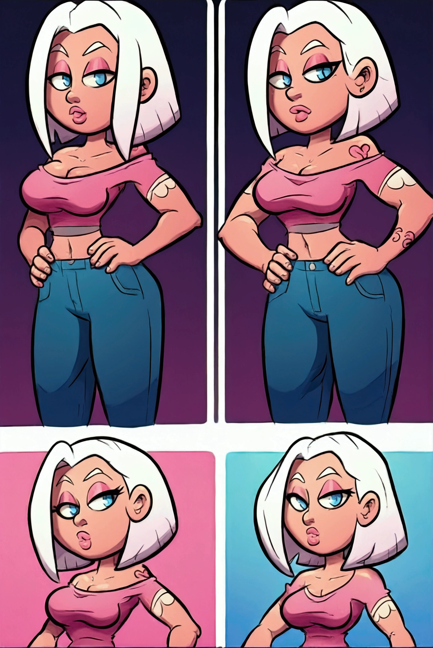 :: web comic:: a cartoon girl with a tattoo on her arm, character is in his natural pose, female protagonist ((big boobies)):8, great character design, arms on waist pose, video game character designs, ((light sweatshirt clothing)), official busty character art ((big boobies)),white hair with pink ((cartoon strokes))