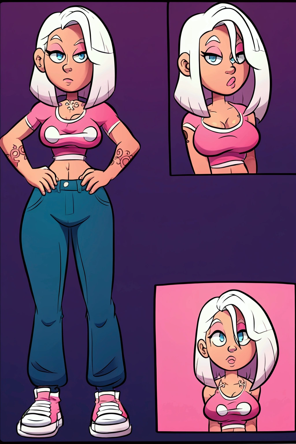 :: web comic:: a cartoon girl with a tattoo on her arm, character is in his natural pose, female protagonist ((big boobies)):8, great character design, arms on waist pose, video game character designs, ((light sweatshirt clothing)), official busty character art ((big boobies)),white hair with pink ((cartoon strokes))