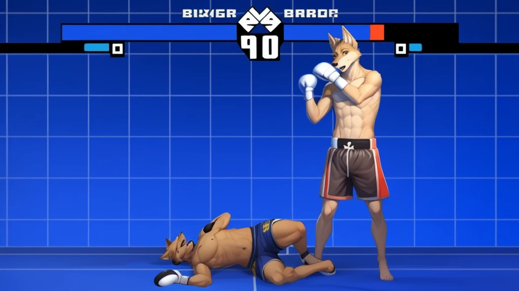 a detailed picture of a boxing match (male anthros, two boy), slim body, slim features, in a boxing ring, Ross Tran, ruan jia, trending on artstation, foxovh,User Interface of Fighting game, Crisis, assorted poses, assorted expression, full body, sound effects, motion blur, from side, ((yellow wolf, blue shorts, knocked out on the floor)), (((gray wolf, white shorts, boxing pose))) “VS”