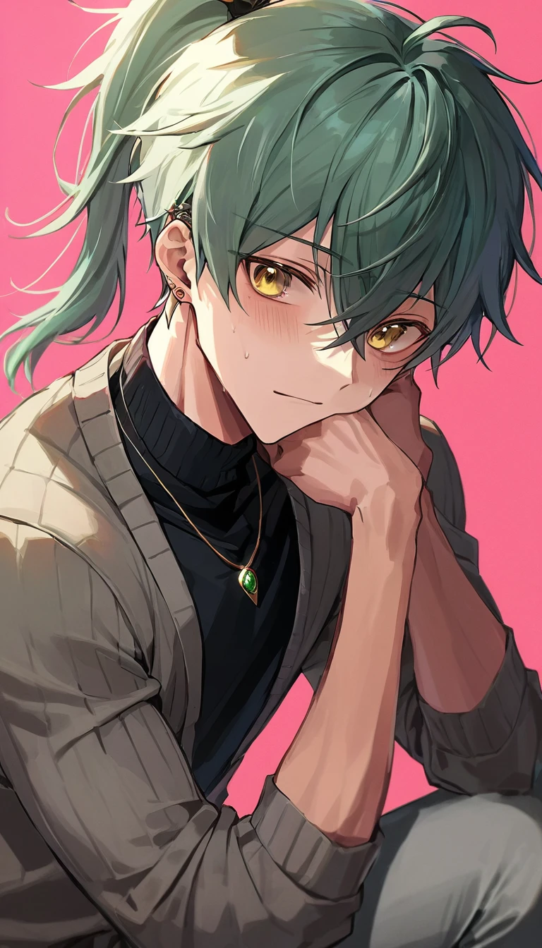 ((((best masterpiece, best quality, wallpaper,)))) solo, guy, male body, small muscles, flat chest, 1male, 30 years old, handsome man, dramatic angle, upper body, looking at viewers, beautiful detailed, mediumturquoise hair, ((((Lower short ponytail)))), asymmetrical bangs, ((short hair,)) blush stickers, sweat, (((perfect face, extremely detailed eyes,))) ((( jitome, gold eyes, ^o^, tareme, droopy eyes,))) perfect hands, sharp nose, clear face, black turtleneck, grey cardigan, ((silver piercing, pendant,)) leggings, pink background color ultrasharp, 8K, masterpiece,