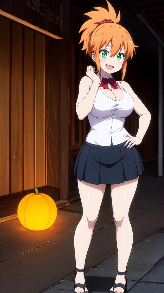sexy, white skin, anime woman, happy, glowing green eyes, extremely short glowing orange hair, wearing a up skirt, full body