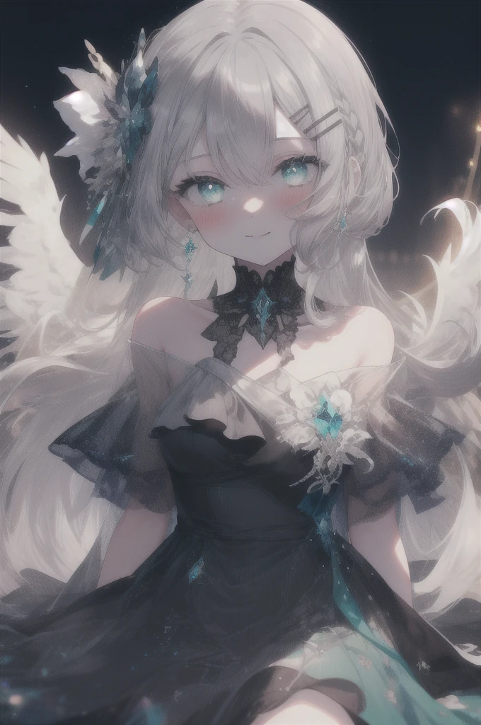 (masterpiece, best quality), hyperdetailed, clean lines, one girl,, blush, ash_hair, (silver_hair:1.3), thin hair clip, cyan colorshift eyes, expressive eyes, collarbone, smile, night, stars, green princess dress, wariza ,full shot,