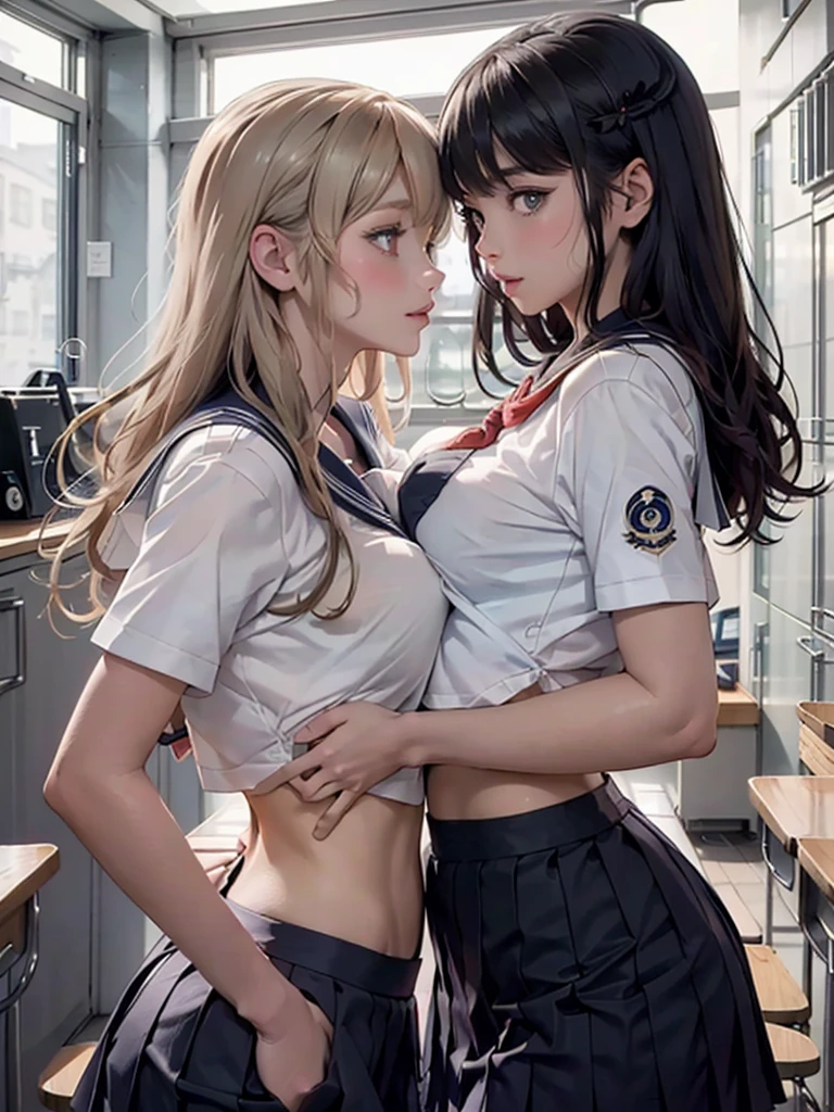 Super beautiful illustrations,masterpiece,best quality,Extremely detailed,2 girls,Yuri,Look at each other,eye contact,(Transparent sailor school uniform:1.4),Short sleeve,(Cover the nipples:1.1),Breast compression,Large Breasts,Medium Length Hair,blush,Shy,（Super beautiful and delicate big eyes：1.3）,(Beautiful grey eyes), (Looking at the camera :1.2)