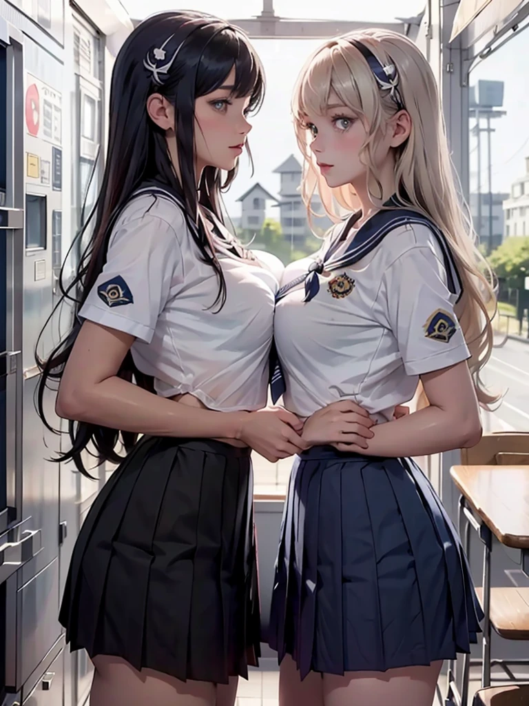 Super beautiful illustrations,masterpiece,best quality,Extremely detailed,2 girls,Yuri,Look at each other,eye contact,(Transparent sailor school uniform:1.4),Short sleeve,(Cover the nipples:1.1),Breast compression,Large Breasts,Medium Length Hair,blush,Shy,（Super beautiful and delicate big eyes：1.3）,(Beautiful grey eyes), (Looking at the camera :1.2)