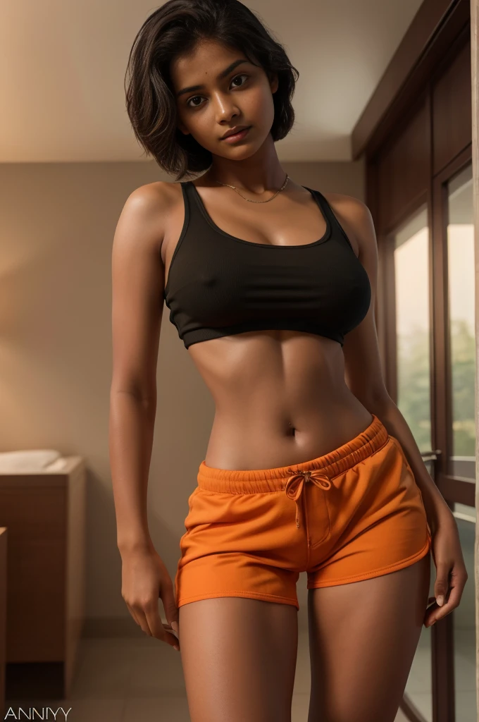 short indian girls, 18 years old, , tight orange shorts, topless, full body shot, slim waist, short hair, athletic body, large breasts, erotic hands on breasts, high quality, 8k, photorealistic, detailed portrait, cinematic lighting, photography by Arny Freaytag,
