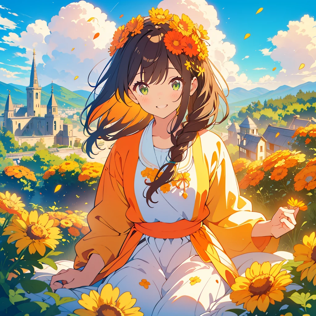 kawaii, anime, Cute, hyper quality, highly detailed, 8k, Front facing, Clarity, dark brown long hair, smile, green eyes, small orange marigold, small marigold flower garden, wear a flower crown, sit on a flowering hill, hill overlooking the town, A rural townscape spreads out below the hill, flower garden, morning dew, Shining light, particles of light, dazzling smile, Draw facial expressions in detail, Draw the eyes in detail, ruffle dress, A breeze flows, Marigold petals dance, A large number of balloons fly into the sky, look up at the sky, sky is high, balloon, clear blue sky, the bird flaps its wings, happy birthday, blue sky, clear sky, rainbow colored balloons, colorful balloons, release a large number of balloons into the sky, upper body, hold one's hand in the sky,