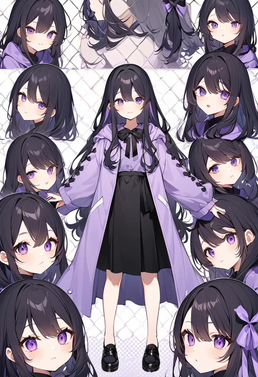 Keito。Purple hoodie。Black Skirt。Purple Eyes。Black Hair。Black shoes下。Black shoes。six sistery eldest daughter has lavender hair.。all female。Sextuplets。