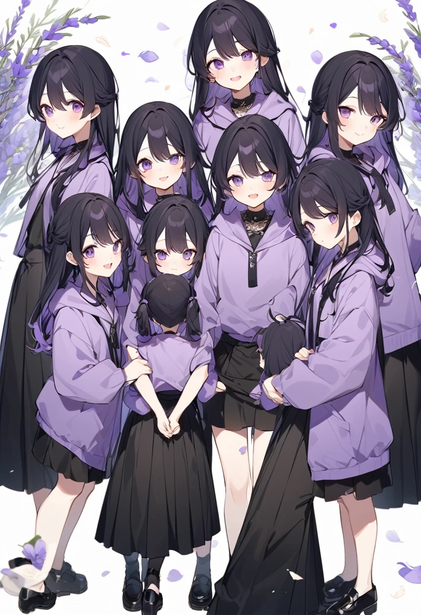 Keito。Purple hoodie。Black Skirt。Purple Eyes。Black Hair。Black shoes下。Black shoes。six sistery eldest daughter has lavender hair.。all female。Sextuplets。