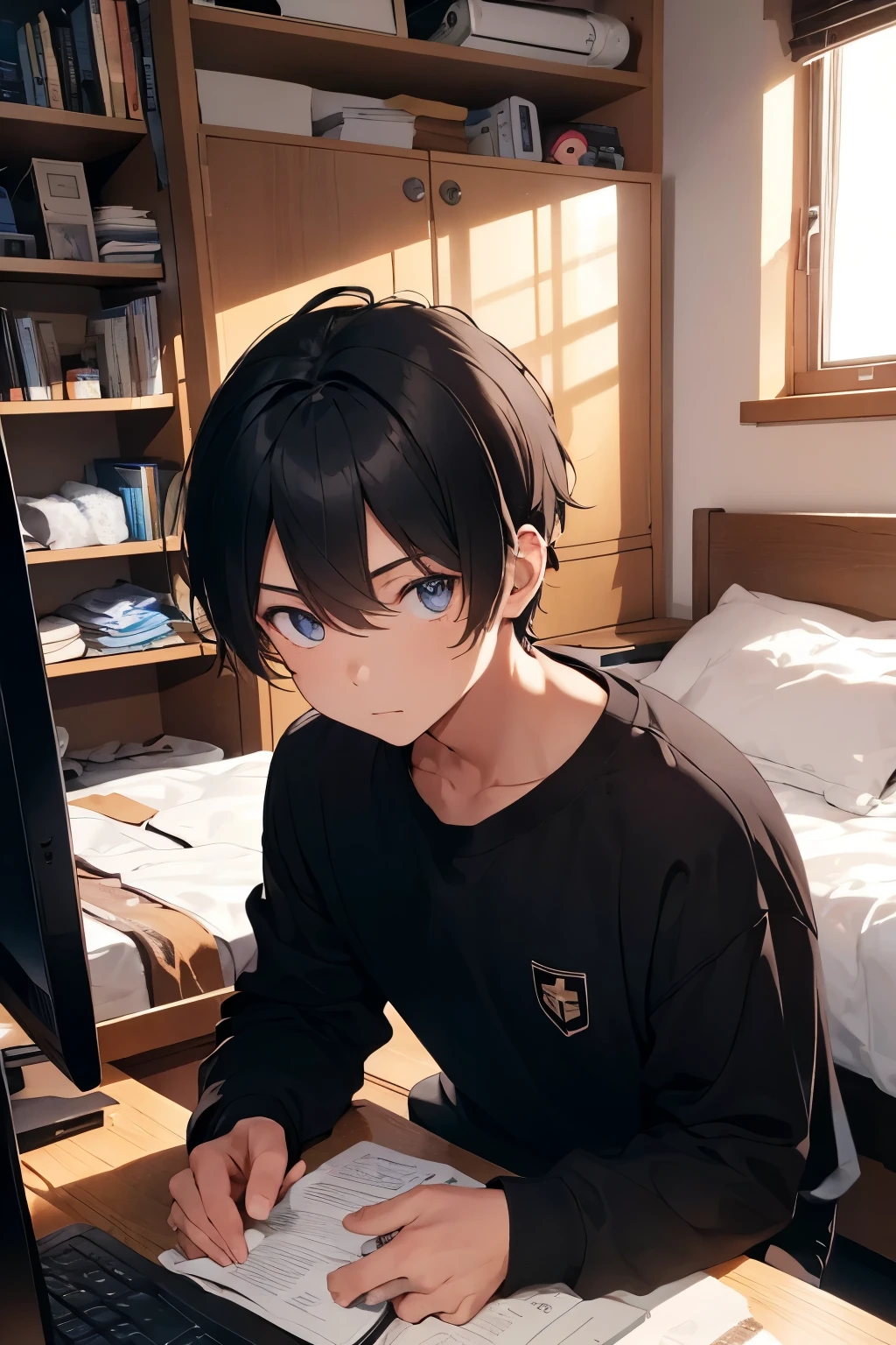 18-year-old boy in a black sweatshirt and white shorts sitting in front of the computer studying very concentratedly, his brown hair thrown up in a short quiff style. He has brown eyes and wears a black headset around his neck.there are several books behind him and a bed behind him also his room is well organized and casual typical of a student boy he is at a black wooden desk and there is a lamp next to him he has a very hot cup of coffee in his hand His cup of coffee is black, his eyes are very detailed and bright. 
