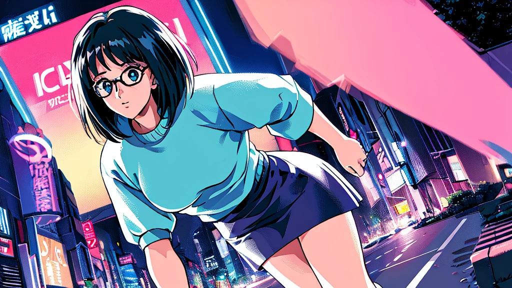 ((best quality)), ((masterpiece)), (detailed), 1girl, sexyhighest quality, masterpiece, Very detailed, Detailed Background, アニメ, One girl, Young girl, Sexy Girls, Black hair bob girl, Atmospheric lighting, Focus Only, close Depth of written boundary, bokeh 1990年代アニメ 1980年代アニメ 1980Period Fashion City Pop Big glasses Beautiful eyes B90,W60,H90 White Skin Pink lighting Light pink clothes pixel, Cool colors, green,Shinjuku at night in the background, Skyscraper, Skyline, modern, Colorful lights, dark, A girl in the foreground, whole body,blue eye