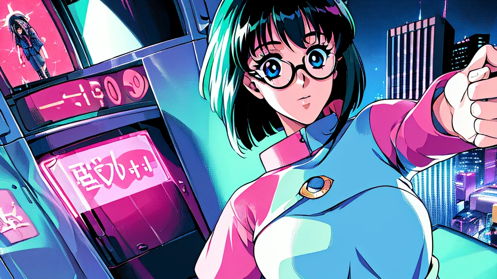 ((best quality)), ((masterpiece)), (detailed), 1girl, sexyhighest quality, masterpiece, Very detailed, Detailed Background, アニメ, One girl, Young girl, Sexy Girls, Black hair bob girl,　 Atmospheric lighting, Focus Only, close　 Depth of written boundary, bokeh　1990年代アニメ　１９８０年代アニメ　１９８０Period Fashion　 　City Pop 　　Big glasses　 Beautiful eyes　B90,W60，H90 White Skin　Pink lighting　Light pink clothes pixel,  Cool colors, green,Shinjuku at night in the background, Skyscraper, Skyline, modern, Colorful lights, dark, A girl in the foreground, whole body,blue eye