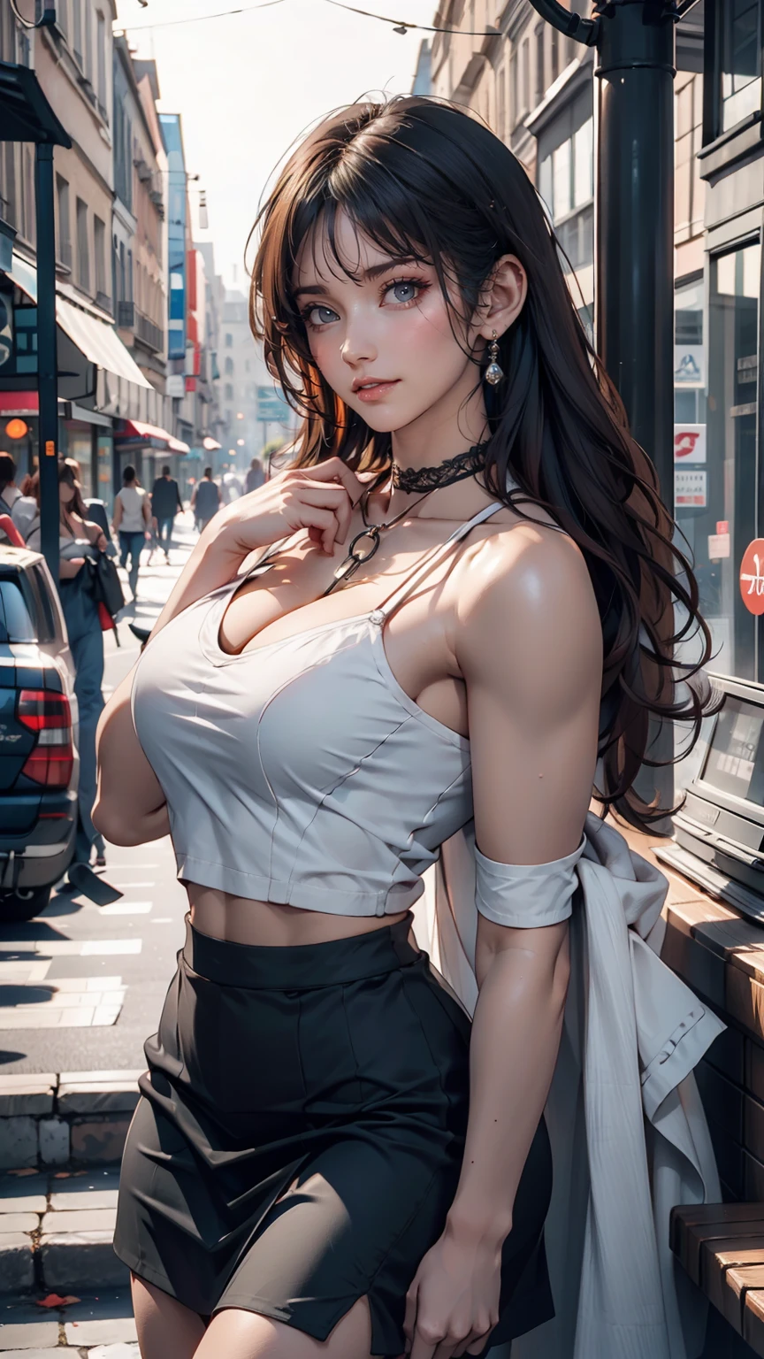 (One girl:1.3), alone, __Body parts__ Delicate and realistic skin, Pale skin, big, Official Art, Unified 16k wallpapers, Super detailed, beauty and aesthetics, beauty, masterpiece, Highest quality, In Cyberpunk City, Great atmosphere, A calming color palette, Peaceful mood, Soft Shadows, Flight attendant uniform, Glamour、Sexy proportions、Narrow waist、Silver Hair、Straight Bob、Long neck、Slim Abs: 1.2、halter keyhole neck((halter keyhole neck))Topini-length LaLa skirt((rah-rah skirt))、short boots、Paris, France celebrates Bastille Day、Lace choker