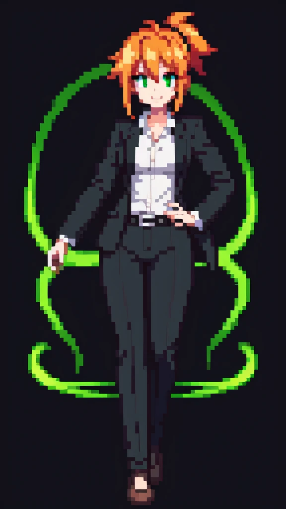 
sexy, white skin, anime woman, happy, glowing green eyes, extremely short glowing orange hair, wearing a suit, full body